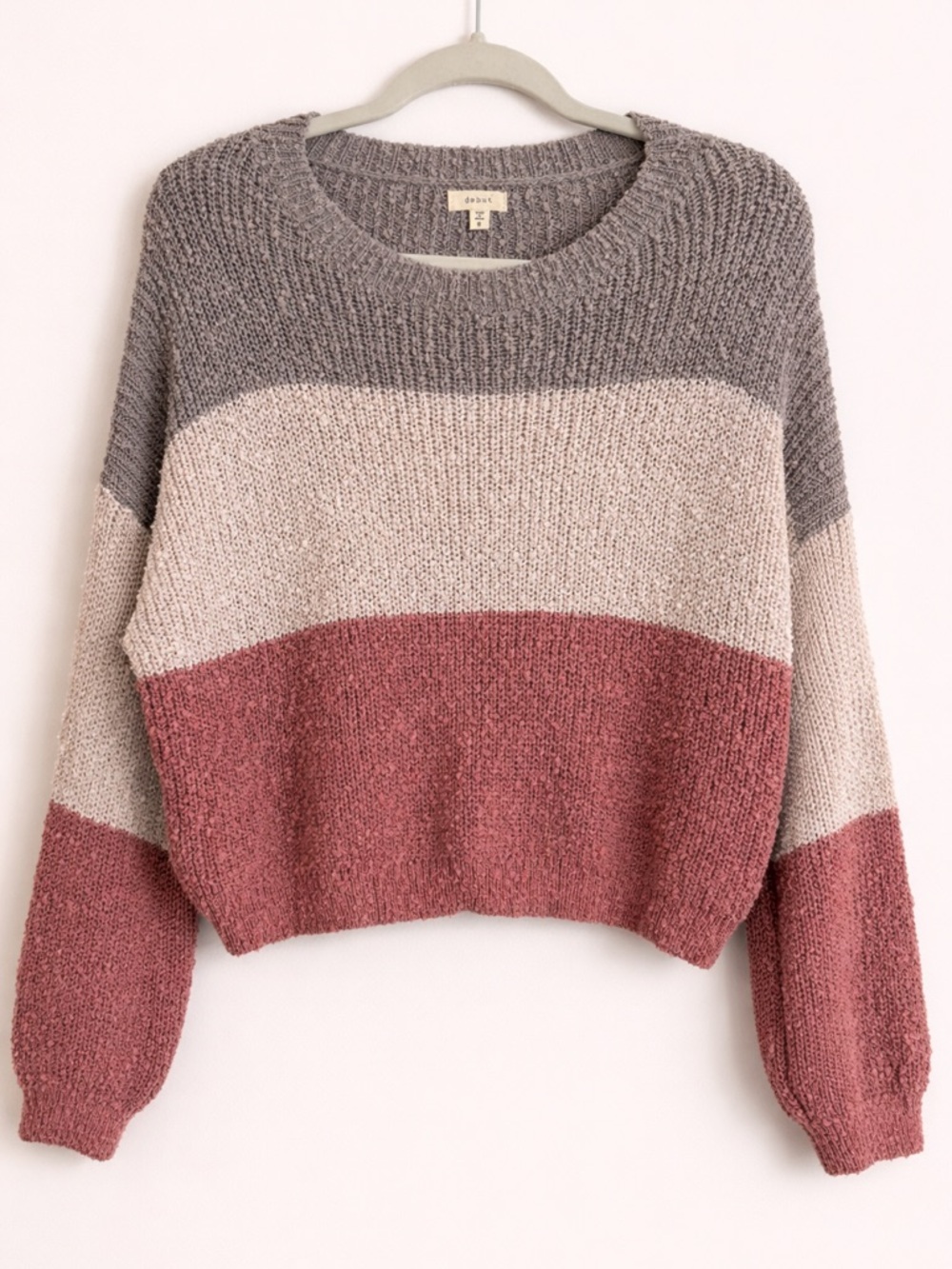 Debut Colorblock Knit Sweater Taupe Cream Pink Cropped Chunky Knit Size S